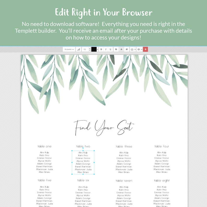 Olive Branch Leaves Seating Chart Watercolor Greenery Seating Board Sign Editable Template DIY Wedding Template DEMO AVAILABLE Printable