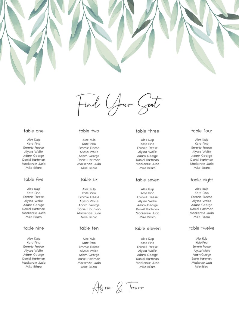 Olive Branch Leaves Seating Chart Watercolor Greenery Seating Board Sign Editable Template DIY Wedding Template DEMO AVAILABLE Printable