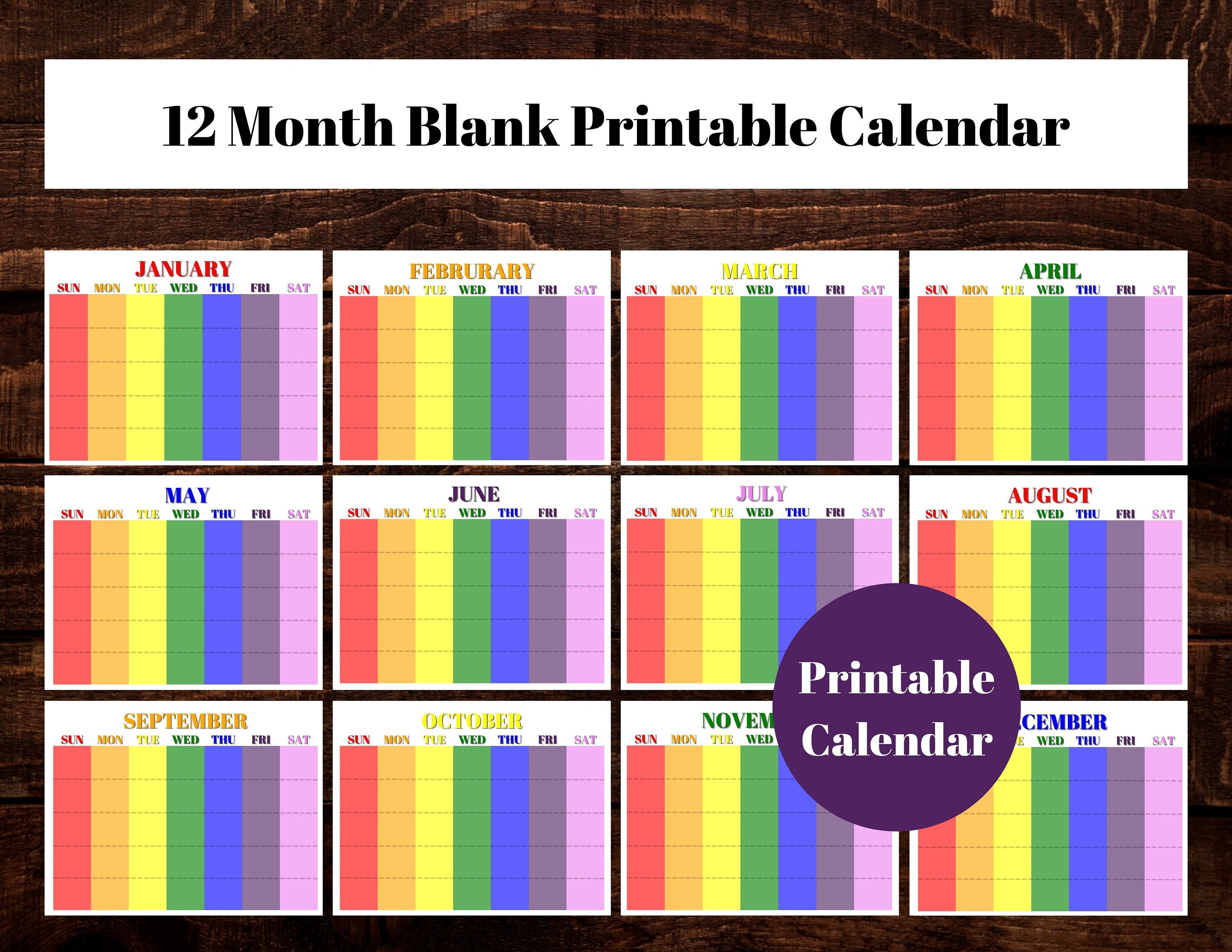 2022 blank monthly calendar rainbow printable calendar 8 5 x etsy