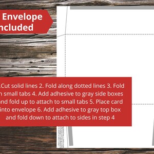 May include: An A7 envelope template with instructions on how to fold and assemble the envelope. The instructions include cutting solid lines, folding along dotted lines, adding adhesive to grey boxes, and folding up to attach to small tabs.