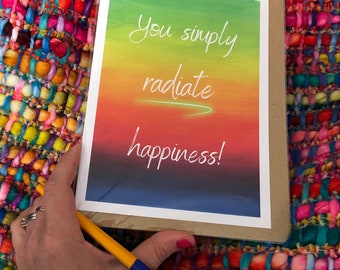 Blank Seagull Card, Seagull Art Range - Funny, birthday, special occasion, rainbow, humour, title "Radiate Happiness"