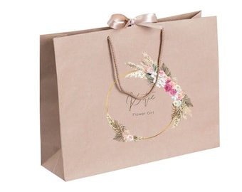 Personalisierte Brautjungfer Geschenktüte, Namen Geschenktüten, weiße Geschenktüte mit Seil Griffen, Bogen Band Tasche, Geburtstagsgeschenk Tasche, Brautparty Taschen