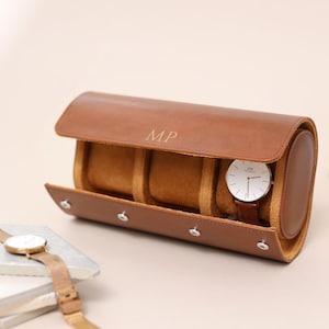 Gepersonaliseerde horlogekast van imitatieleer, vaderdagcadeau, reishorlogedoos, luxe horlogekast op rol voor 3 horloges, cadeau voor hem, cadeau bruidegom