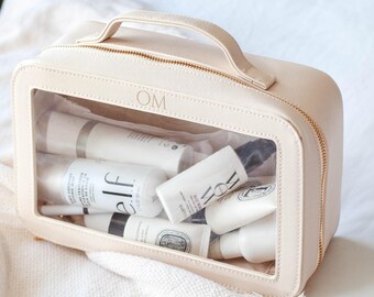 Personalised clear cosmetic bag with monogram, custom makeup bag, travel wash bag, faux leather organiser, bridesmaid gift, cosmetic storage
