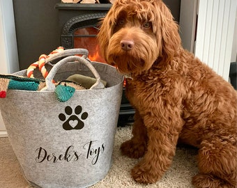 Personalised Pet Paw Print felt toy basket / bag, dog toy basket, pet basket, gifts her her, gifts for him, custom made bag