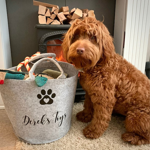 Custom made personalised pet storage basket, dog toy basket, felt storage, Gifts for pets, Pet homeware, Personalised dog gift, New pet gift