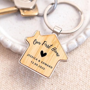 Personalised First home keyring for couples - bamboo wooden keychain for new home