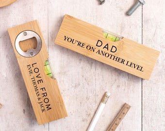 Personalised Wooden spirit level, dad custom bottle opener with message, tools for diy dad, best dad gift, gift for first fathers day