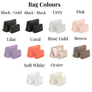 May include: A set of 10 different colored cosmetic bags. The bags are in two sizes, a larger one and a smaller one. The colors are black/gold, black/black, grey, pink, lilac, coral, rose gold, brown, soft white, and oyster.