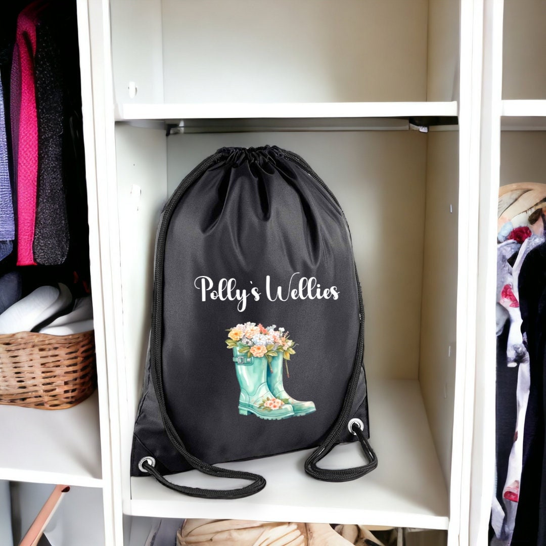 Drawstring Wellies Childs Personalised Welly Boot Bag, Custom Name Drawstring Kit Bag, Bag ...