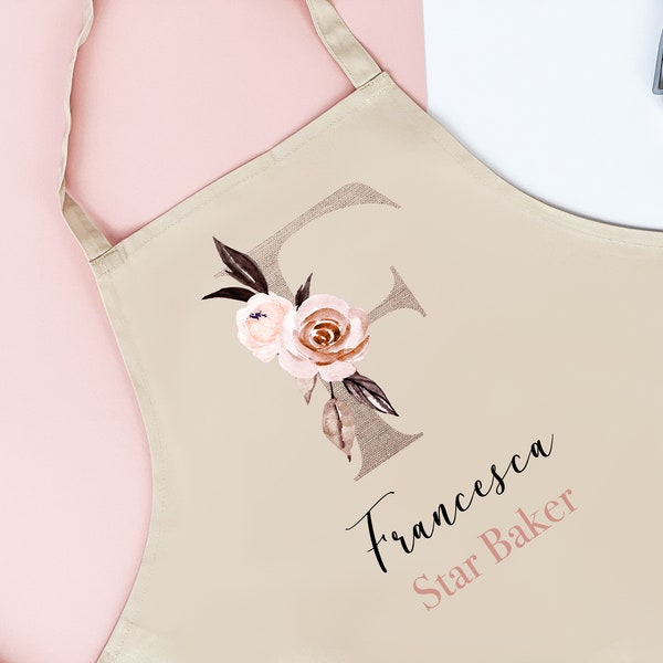 Personalised Initial Apron, Rose Gold Baking Gift, Watercolour Flowers Apron Cooking Gift, Initial Gift for Her, Custom Made, Your Words