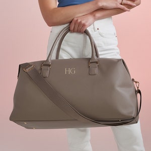 Personalised bag with Initials, Weekender Holdall Initials, Faux Leather Bag, Monogram Bag, Hand Luggage Bag, Bags for Women, Bag with strap Brown