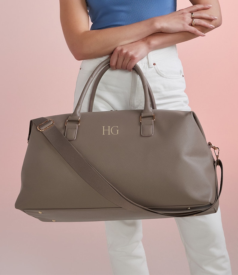 Personalised bag with Initials, Weekender Holdall Initials, Faux Leather Bag, Monogram Bag, Hand Luggage Bag, Bags for Women, Bag with strap Brown