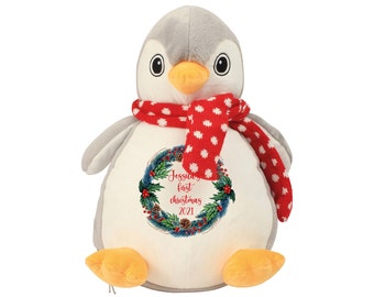 Teddy personnalisé de premier Noël, cadeau de 1er Noël pour bébé, nounours pingouin, jouet doux de Noël, jouet en peluche personnalisé, remplisseurs de bas pour bébé