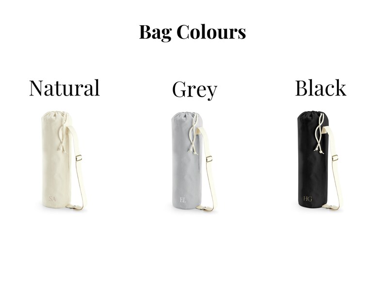 May include: Three yoga mat bags in different colors: natural, grey, and black. Each bag has a drawstring closure and a shoulder strap.