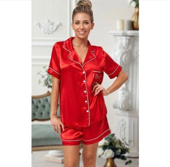 inital pjs bridesmaid pajamas Clothing Womens Clothing Pyjamas & Robes Sets gift for her Personalised satin pyjamas with piping personalised gift personalize monogram pjs 