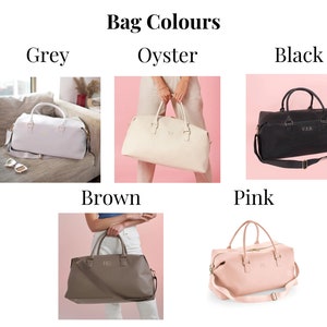 May include: A selection of travel bags in various colors, including grey, oyster, black, brown, and pink. Each bag features a gold zipper and a personalized monogram.