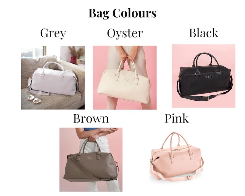May include: A selection of travel bags in various colors, including grey, oyster, black, brown, and pink. Each bag features a gold zipper and a personalized monogram.