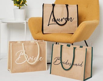 Personalised Tote Bag for bride, Custom Name Jute Bag, Bachelorette Party Favors, Custom Tote Bag, Jute Bag, Wedding, Bridesmaid Gifts Bag