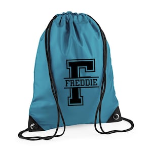 Personalised Initial & Name Back to School Drawstring Rucksack Bag, Kids Name on a PE Bag Swimming Bag Gym Bag Afterschool Club Bag