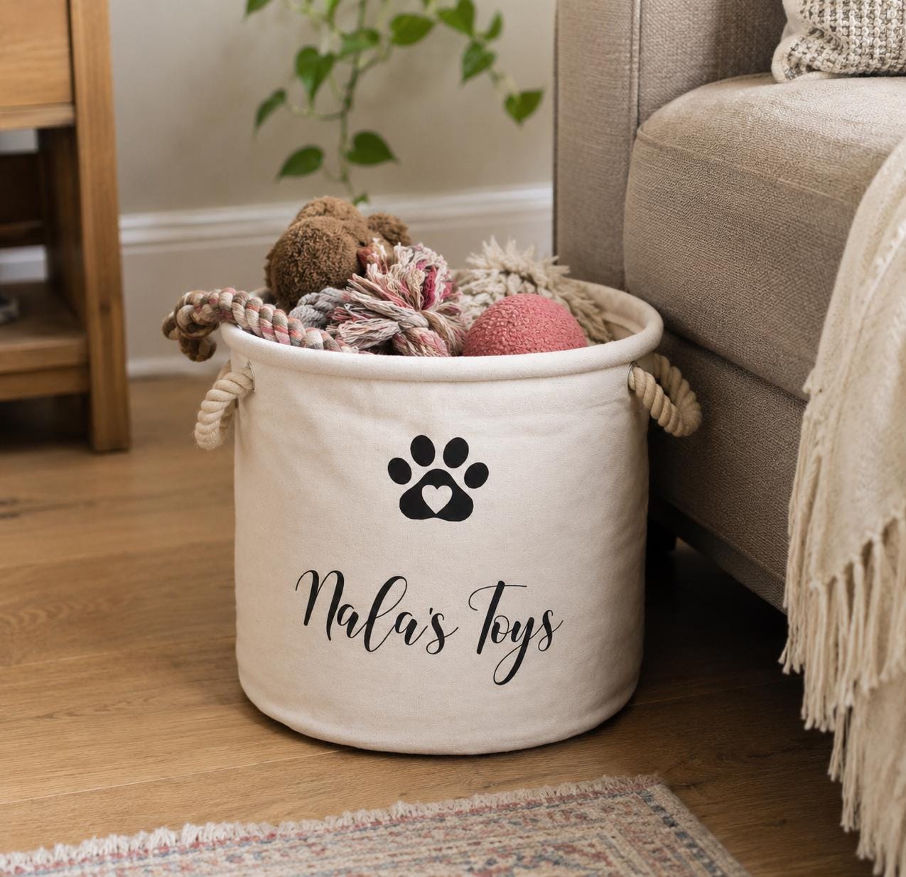 Personalised Pet Paw Print Canvas toy basket / bag, dog toy basket, pet basket, gifts her her, gifts for him, custom made bag