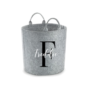 Grauer personalisierter Initialen Filzkorb / Tasche, Kinderspielzeugkorb, Kinderspielzeugkorb, Haustierkorb, Geschenke für sie, Geschenke für ihn, individuelle Tasche