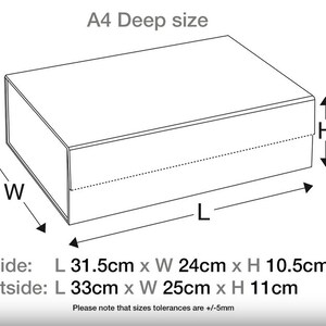 May include: A diagram showing the inside and outside dimensions of an A4 deep size box. The inside dimensions are 31.5 inches long by 24 inches wide by 10.5 inches high. The outside dimensions are 33 inches long by 25 inches wide by 11 inches high. The text "Please note that sizes tolerances are +/-5mm" is included.