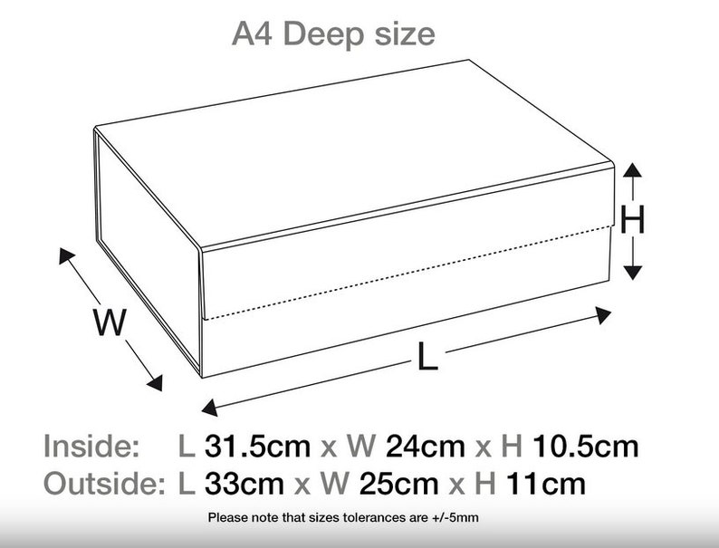 May include: A diagram showing the inside and outside dimensions of an A4 deep size box. The inside dimensions are 31.5 inches long by 24 inches wide by 10.5 inches high. The outside dimensions are 33 inches long by 25 inches wide by 11 inches high. The text "Please note that sizes tolerances are +/-5mm" is included.