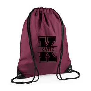 Personalised Initial & Name Back to School Drawstring Rucksack Bag, Kids Name on a PE Bag Swimming Bag Gym Bag Afterschool Club Bag
