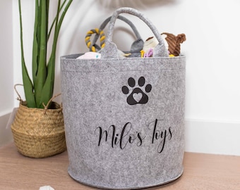 Personalised Pet Paw Print felt toy basket / bag, Light Grey, dog toy basket, pet basket, gifts her her, gifts for him, custom made bag