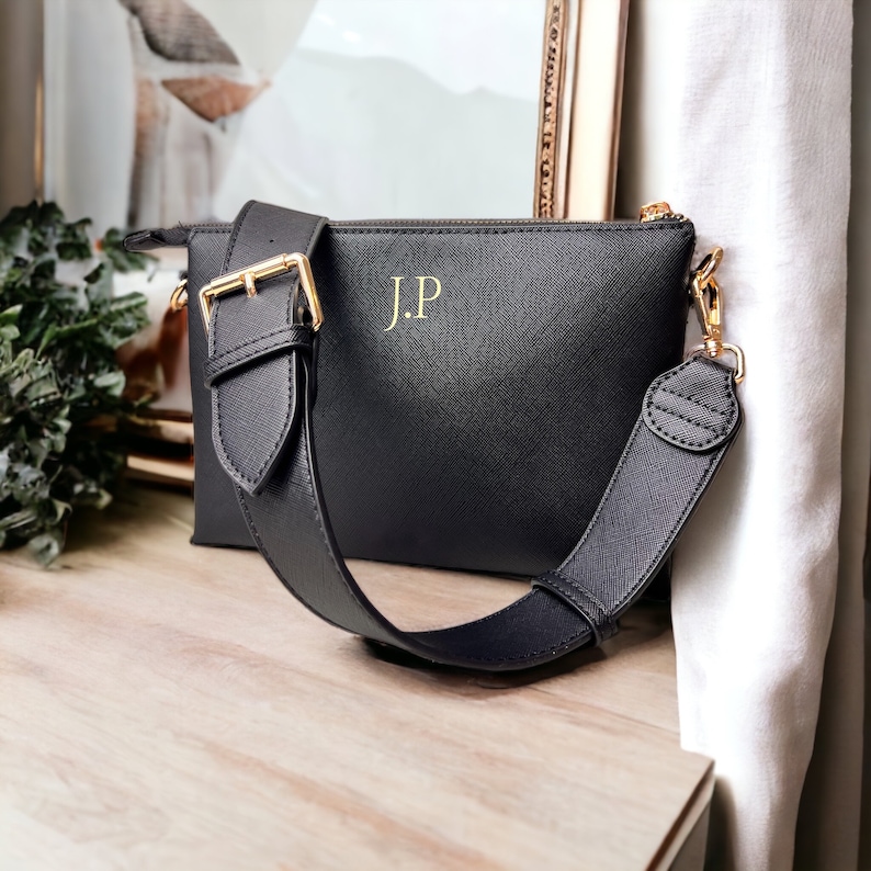 Personalised Cross Body bag, bag with strap, monogram bag, custom shoulder bag, vegan leather bag, bags for women, custom initials on bag Black