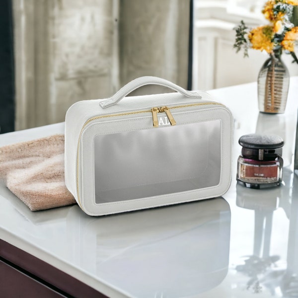 Personalised clear cosmetic bag with small monogram, custom makeup bag, clear wash travel bag personalised gift for bridesmaid, travel bag