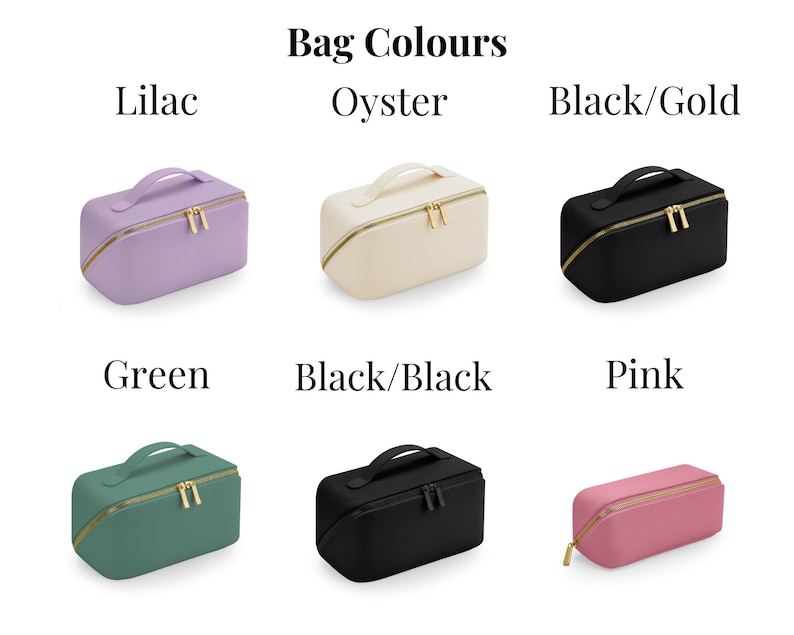 May include: Six different colored cosmetic bags with gold zippers and handles. The colors are lilac, oyster, black/gold, green, black/black, and pink.