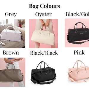 Puede incluir: Seis bolsos de viaje de cuero de diferentes colores. Los bolsos son todos del mismo estilo, con un asa superior y una correa para el hombro. Los colores son gris, ostra, negro/oro, marr&oacute;n, negro/negro y rosa.