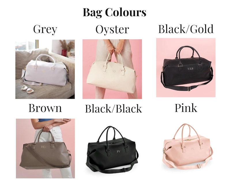 Puede incluir: Seis bolsos de viaje de cuero de diferentes colores. Los bolsos son todos del mismo estilo, con un asa superior y una correa para el hombro. Los colores son gris, ostra, negro/oro, marr&oacute;n, negro/negro y rosa.