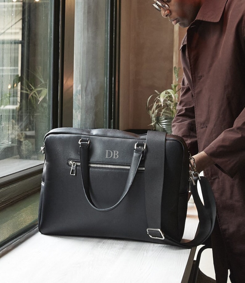 Personalised laptop bag, briefcase bag, laptop bag portfolio, leather look bag, bag for work, satchel briefcase, messenger bag with strap image 1