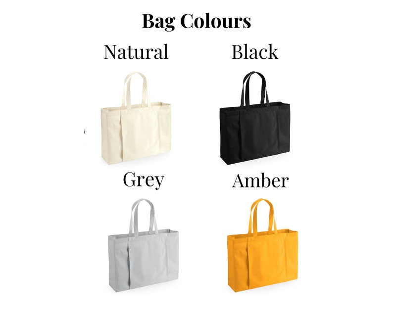 May include: Four tote bags in different colors: natural, black, grey, and amber. The bags are made of canvas and have a simple design with two handles.
