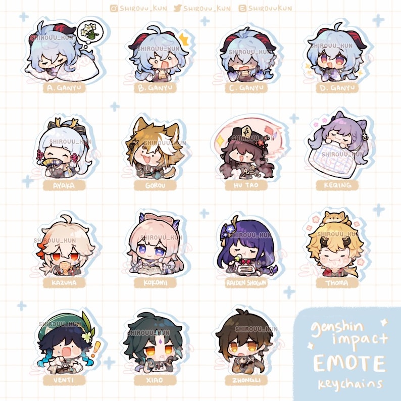 Puede incluir: Una colecci&oacute;n de doce pegatinas de estilo chibi con varias figuras de Genshin Impact, incluyendo Ganyu, Ayaka, Gorou, Hu Tao, Keqing, Kazuha, Kokomi, Raiden Shogun, Thoma, Venti, Xiao y Zhongli, con el texto Genshin Impact EMOTE keychains.