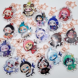 May include: A collection of clear acrylic keychains featuring various chibi-style anime characters in colorful outfits, each attached to a rose gold star-shaped clasp. The text SHIROUU_HUN is printed on each individual keychain design.