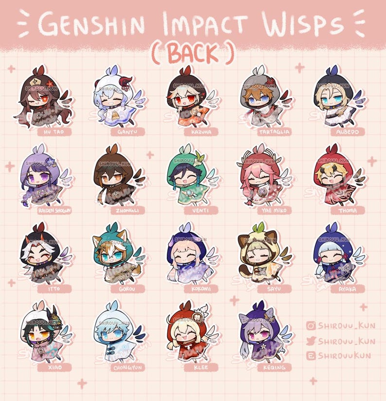 May include: A collection of nineteen Genshin Impact Wisp stickers featuring chibi characters in hooded cloaks. Each sticker displays a character name, including Hu Tao, Ganyu, Kazuha, Tartaglia, Albedo, Raiden Shogun, Zhongli, Venti, Yae Miko, Thoma, Itto, Gorou, Kokomi, Sayu, Ayaka, Xiao, Chongyun, Klee, and Keqing.
