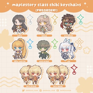 May include: A collection of Maplestory class chibi keychains featuring characters Adele, Bishop, Buccaneer, Dawn Warrior, Wind Archer, Ren, and Zero. Each character is displayed with a corresponding star-shaped keychain attachment.