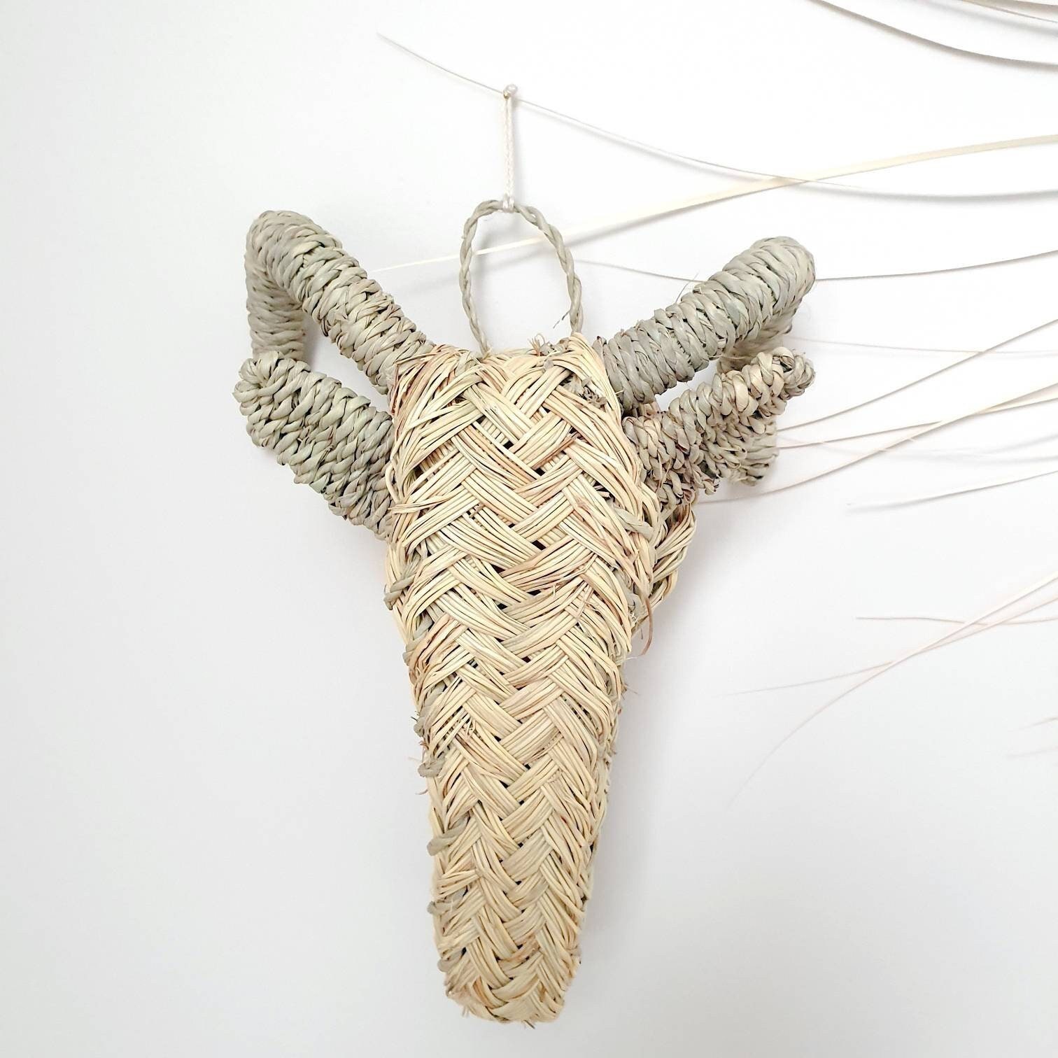 Trophée en Paille, Têtes Animaux Feuilles de Palmiers, Tête Animal Trophée Animaux, Décoration Mural