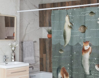 Funny Shower Curtain, Cats Bath Curtain, Shower Curtain with Mermaids, Grey Curtain, Jokey Bathroom Decor