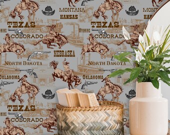 Southwestern Wallpaper with Horses, Western Cowboy Wall Decal, Rodeo Wall Paper, Removable Vintage Wall Decal