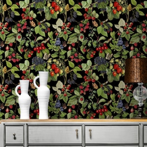 Botanical Wallpaper, Green Leaves Wall Decal, Strawberry Wallpaper, Woodland Wall Décor, Dark Wallpaper Peel and Stick