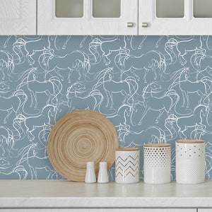 Blue Wallpaper, Horse Wallpaper, Farm Wall Decor, Wallpaper Peel and Stick, Ranch Décor