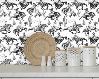 Western Wallpaper with Horses, Southwestern  Cowboy Wall Decal, Rodeo Wall Paper, Removable Vintage Wallpaper