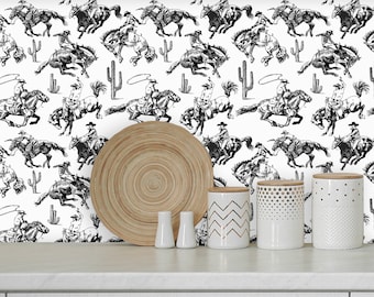 Western Wallpaper with Horses, Southwestern  Cowboy Wall Decal, Rodeo Wall Paper, Removable Vintage Wallpaper