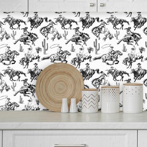 Western Wallpaper with Horses, Southwestern  Cowboy Wall Decal, Rodeo Wall Paper, Removable Vintage Wallpaper