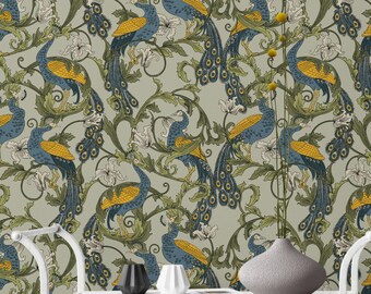 Art Nouveau Wallpaper Decal with Peacock, Art Deco Wall Paper Peel & Stick, Leaves and Flowers Retro Design